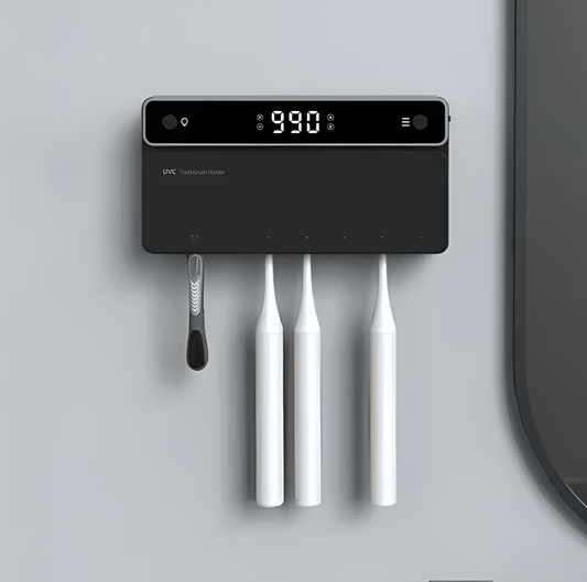Wall-mounted electric toothbrush charging station with digital display on a gray background
