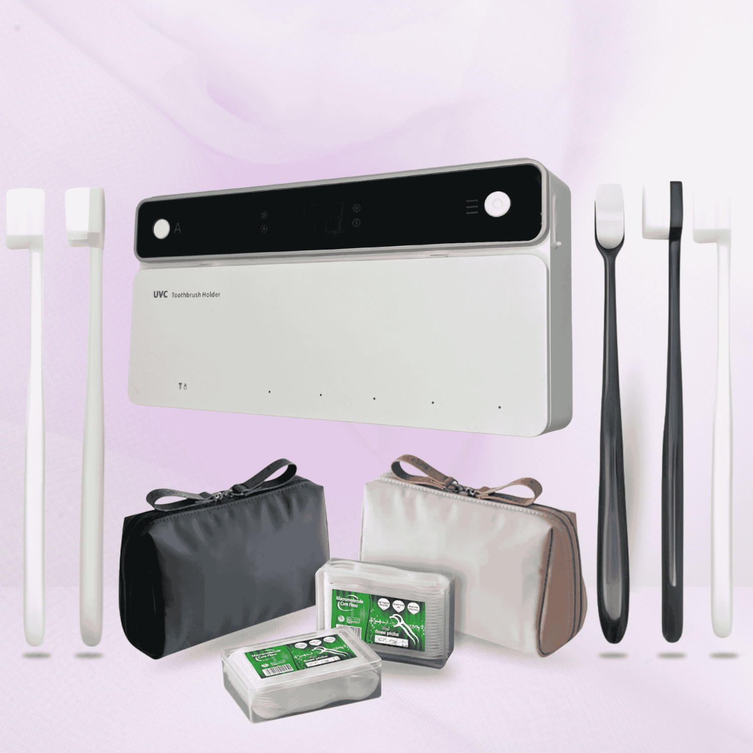 Set of dental care products including a toothbrush, mouthwash, and pouches on a light purple background.