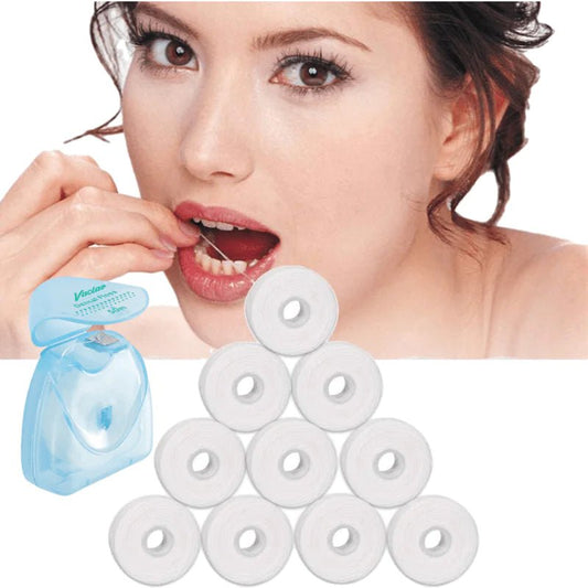 Woman using dental floss with a dental flosser and multiple flossing heads displayed below.