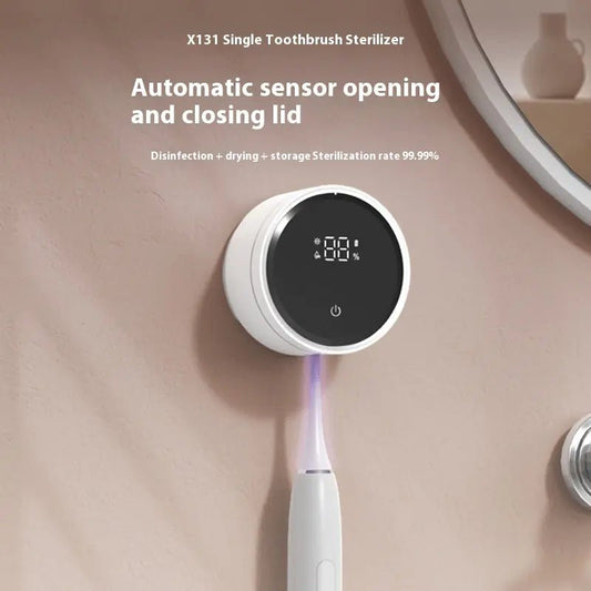 Single toothbrush sterilizer with digital display on a beige wall.