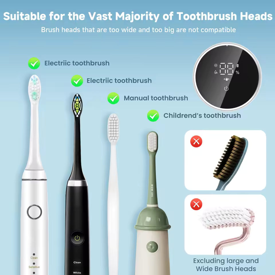 Compatibility chart for toothbrush heads with electric, manual, and children's toothbrushes on a blue background.