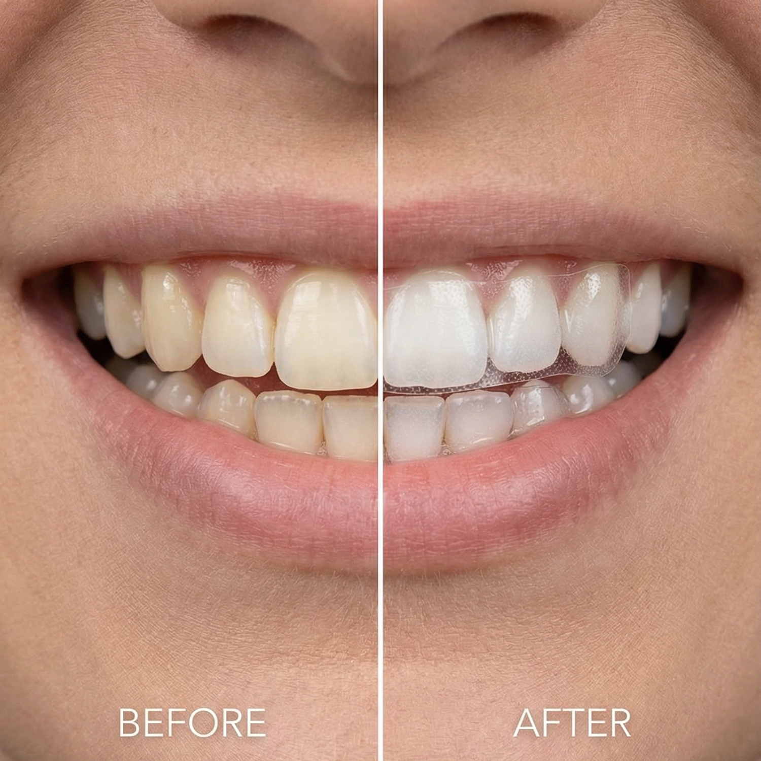 Before and after comparison of a person's smile with dental whitening.
