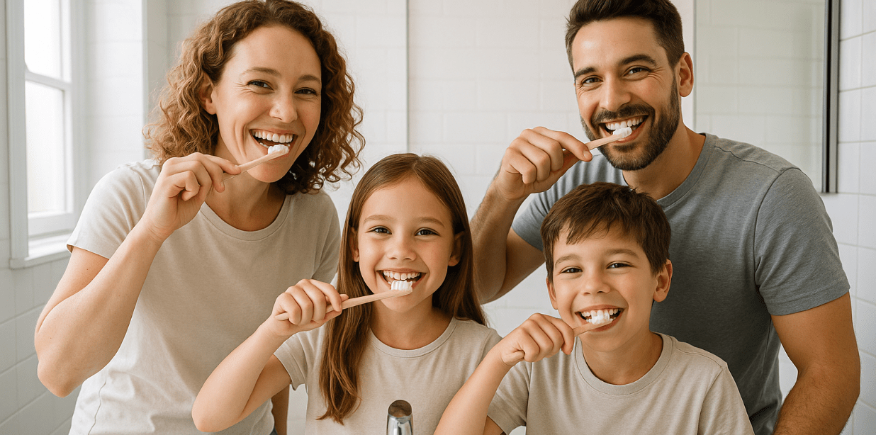 Family of four brushing their teeth together in a bathroom.