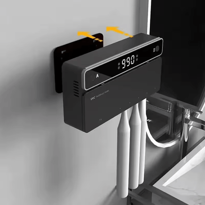 Black electronic device with digital display on a gray wall