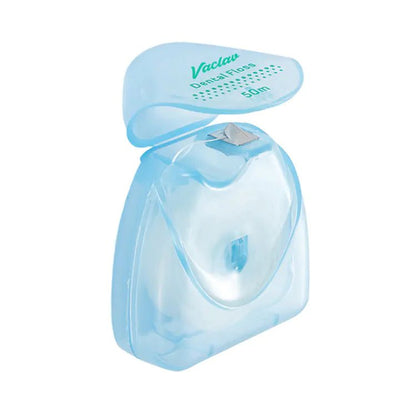 Blue dental floss container with branding on a white background