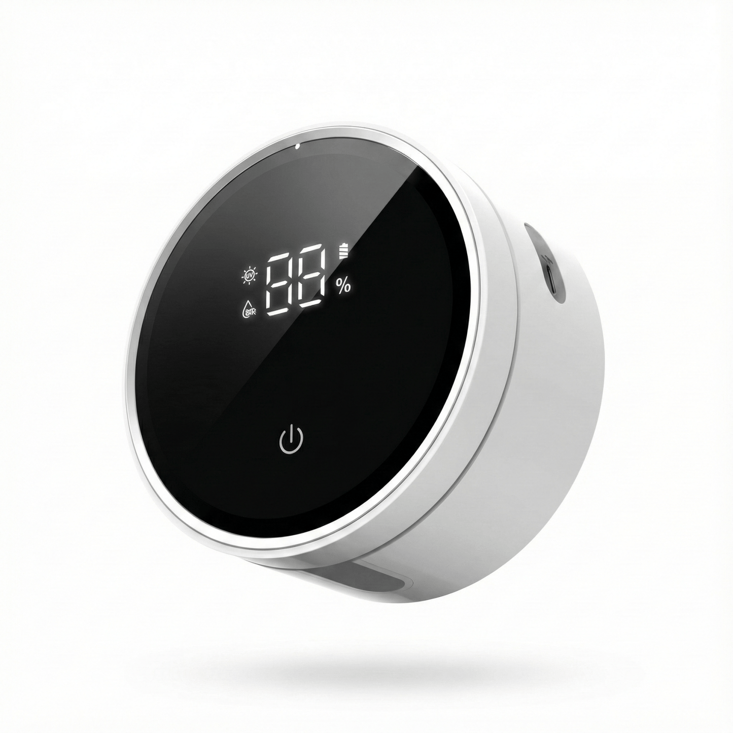 Round digital device with black screen and silver frame on a white background