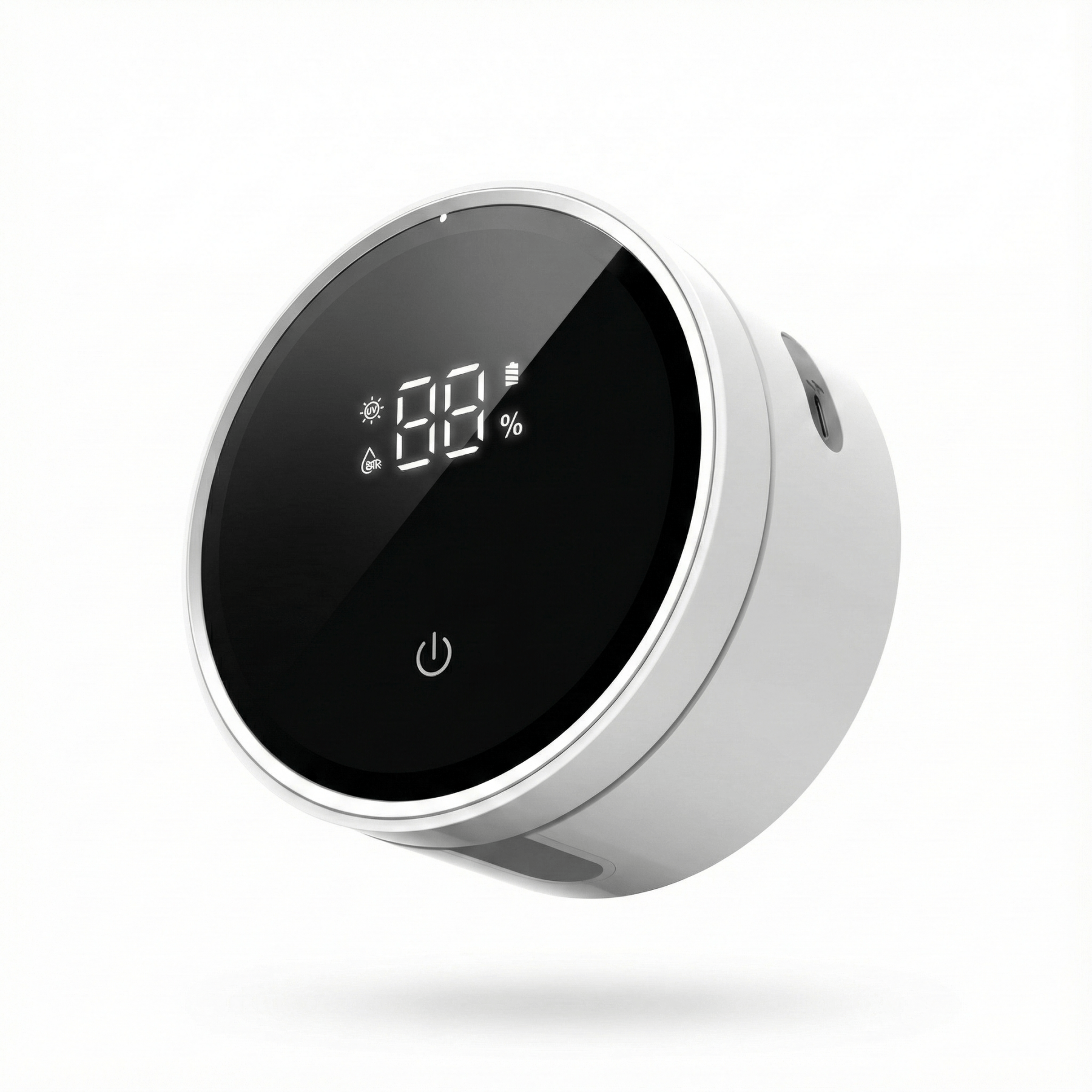 Round digital device with black screen and silver frame on a white background