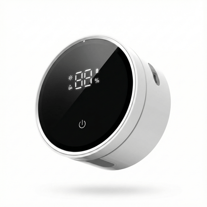 Round digital device with black screen and silver frame on a white background