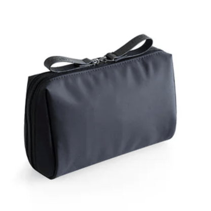 Black handbag with a strap on a white background